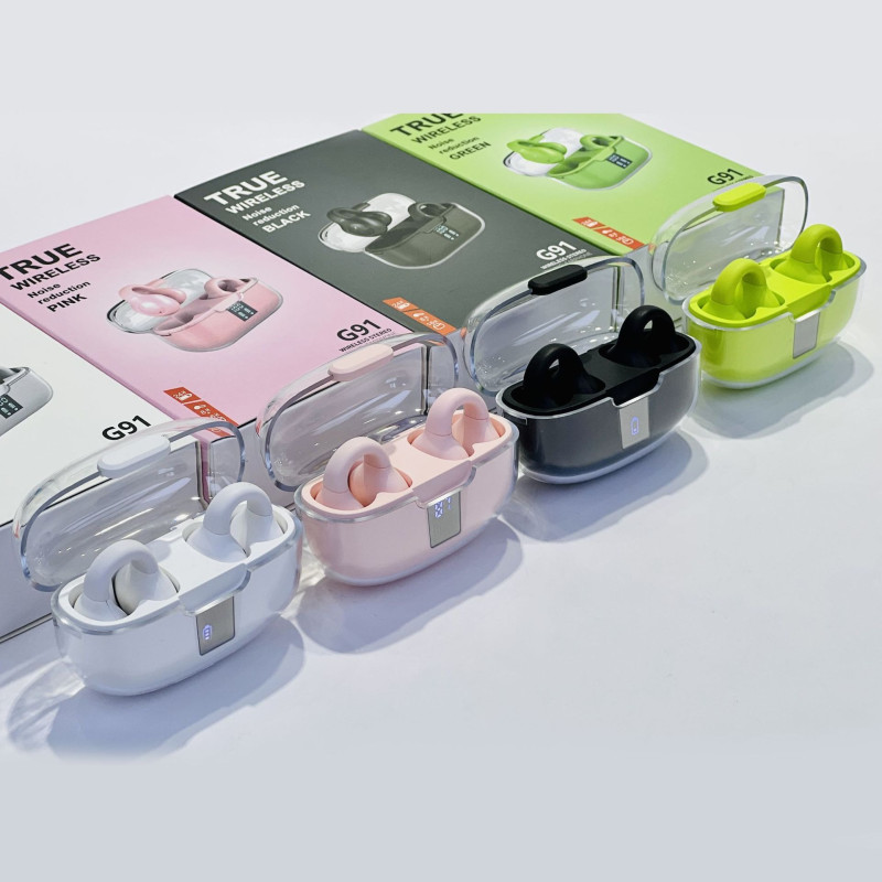 Ecouteurs Bluetooth G91 sans fil OWS avec boîtier transparent, fonction anti-bruit, affichage numérique, conçu pour le sport et la musique, idéal pour les environnements de sport et les appels télépho