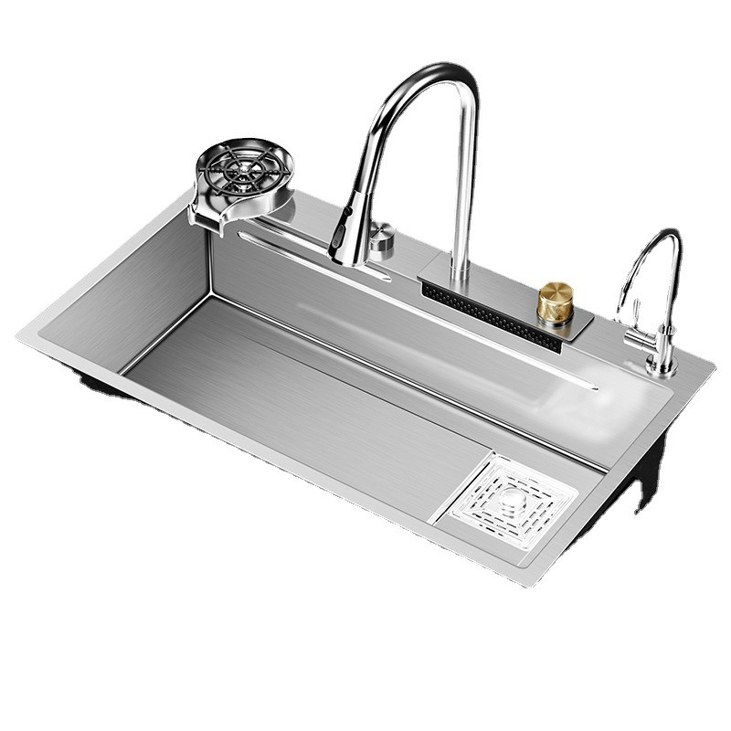 ComOne: Grand lavabo en forme de cascade d'eau de pluie à une seule fente pour cuisine faite à la main en acier inoxydable - Evier lavabo pour cuisine maison