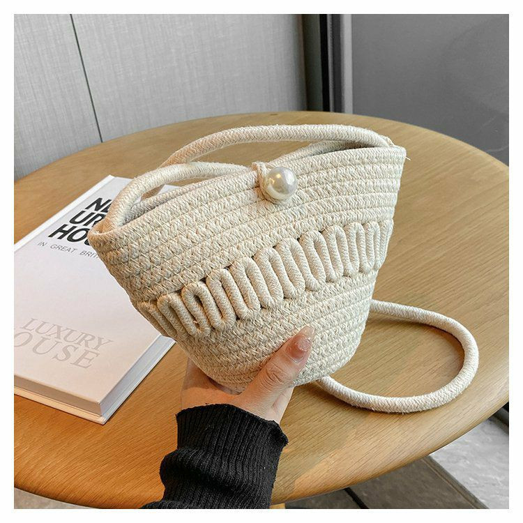 Sac à bandoulière tissé simple en paille douce pour femme, sac en fil de coton perlé, besace décontracté pour la plage